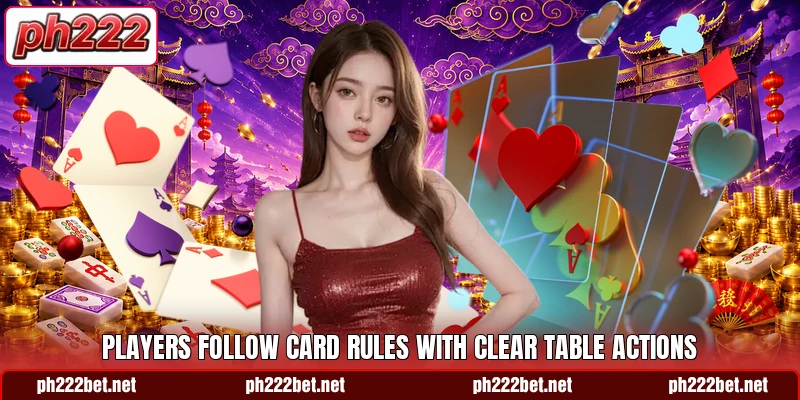 Players follow card rules with clear table actions